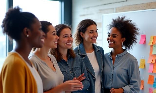 Diverse team collaborating and celebrating success together